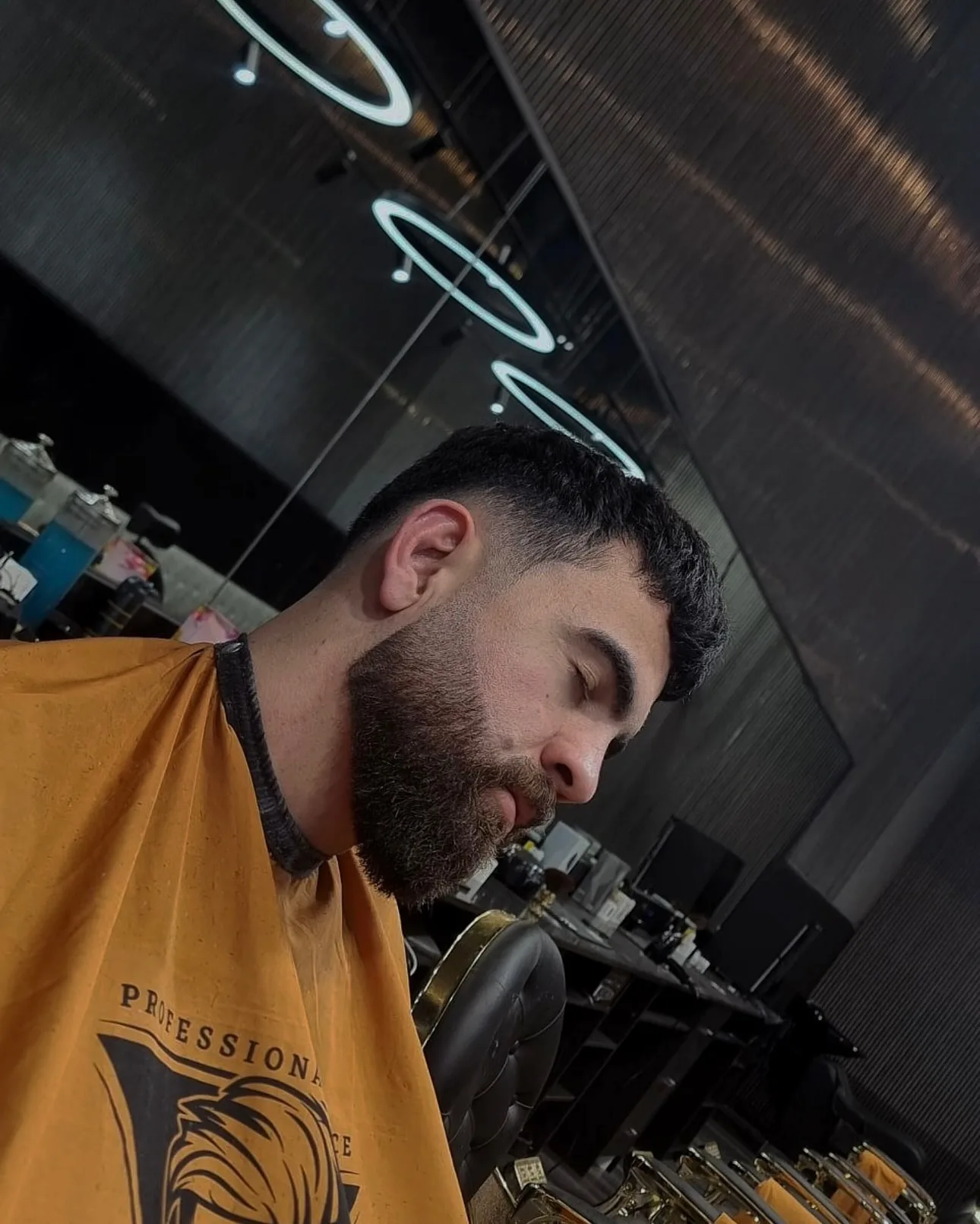 Fresh crop and beard under neon halo rings